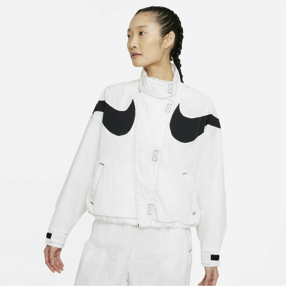 Nike Statement Swoosh Jacket White Black Zip Up Windbreaker • Small